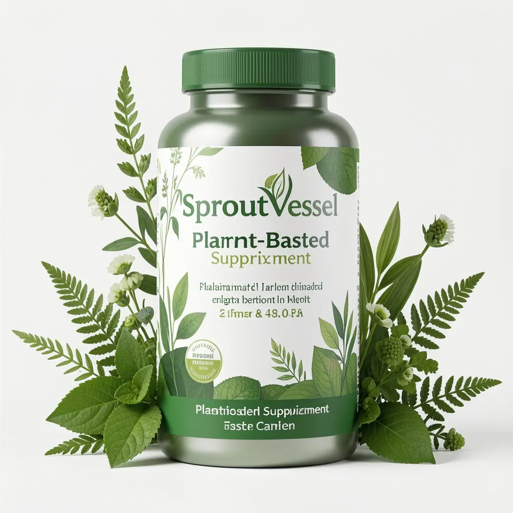 SproutVessel plant-based supplement bottle with green botanical elements
